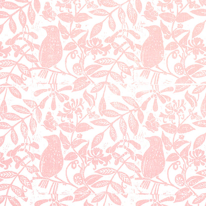 Pink botanical pattern with birds perched on branches and leaves, repeating damask-style design.