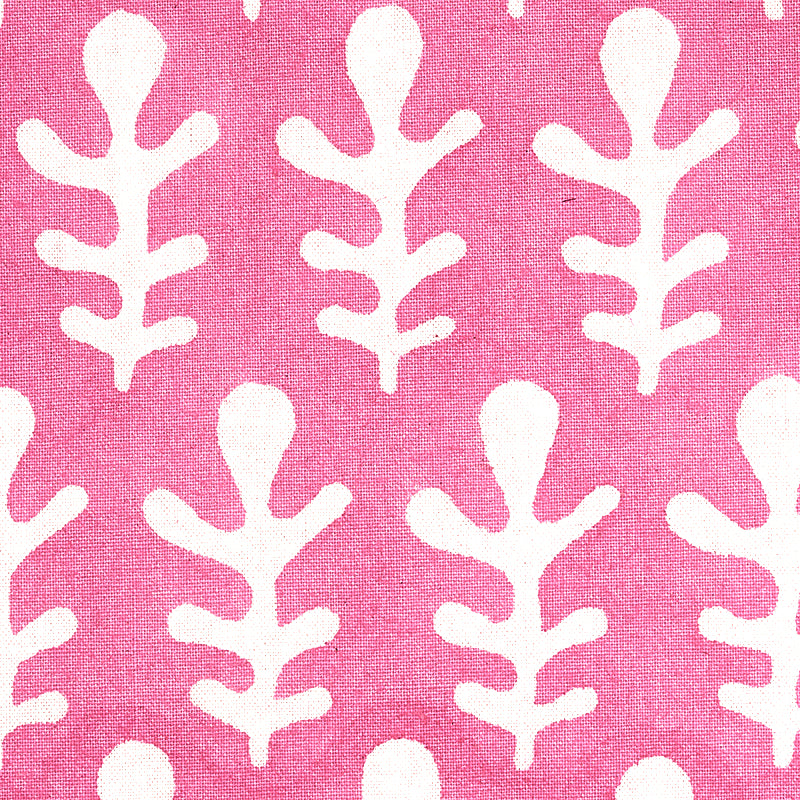 Pink textile with white stylized leaf pattern repeating; linen-like weave.