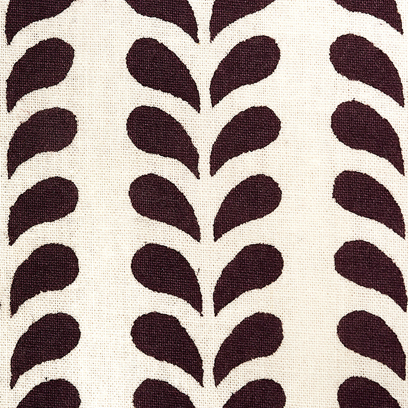 Beige woven fabric with burgundy teardrop leaf motif in vertical pattern