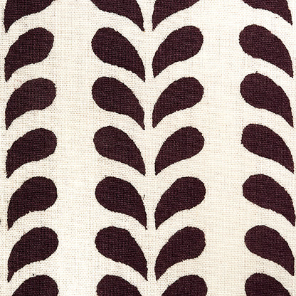 Beige woven fabric with burgundy teardrop leaf motif in vertical pattern