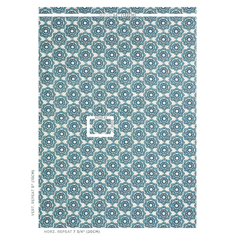 Teal mandala-like geometric wallpaper pattern with repeating motifs on a light background.