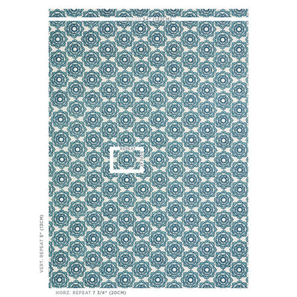 Teal mandala-like geometric wallpaper pattern with repeating motifs on a light background.