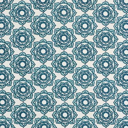 Repeating blue mandala circles on a beige backdrop; hand-block-printed geometric textile pattern.