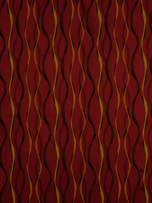 Burgundy fabric with repeating wavy gold and dark-brown stripes for a decorative textile pattern.