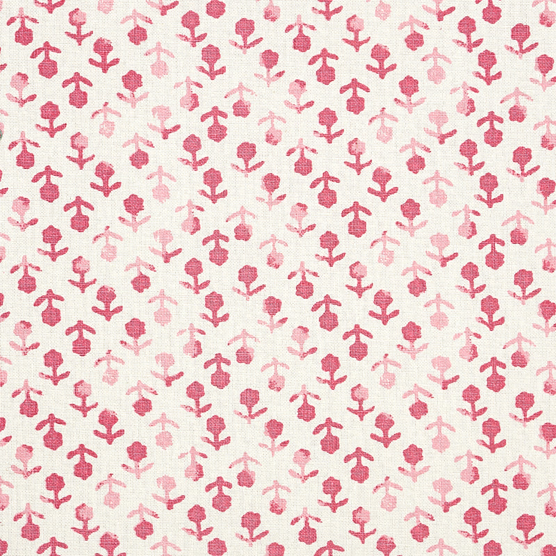 Cream fabric with a repeating pink floral motif, small blossoms on stems in varying pink shades.