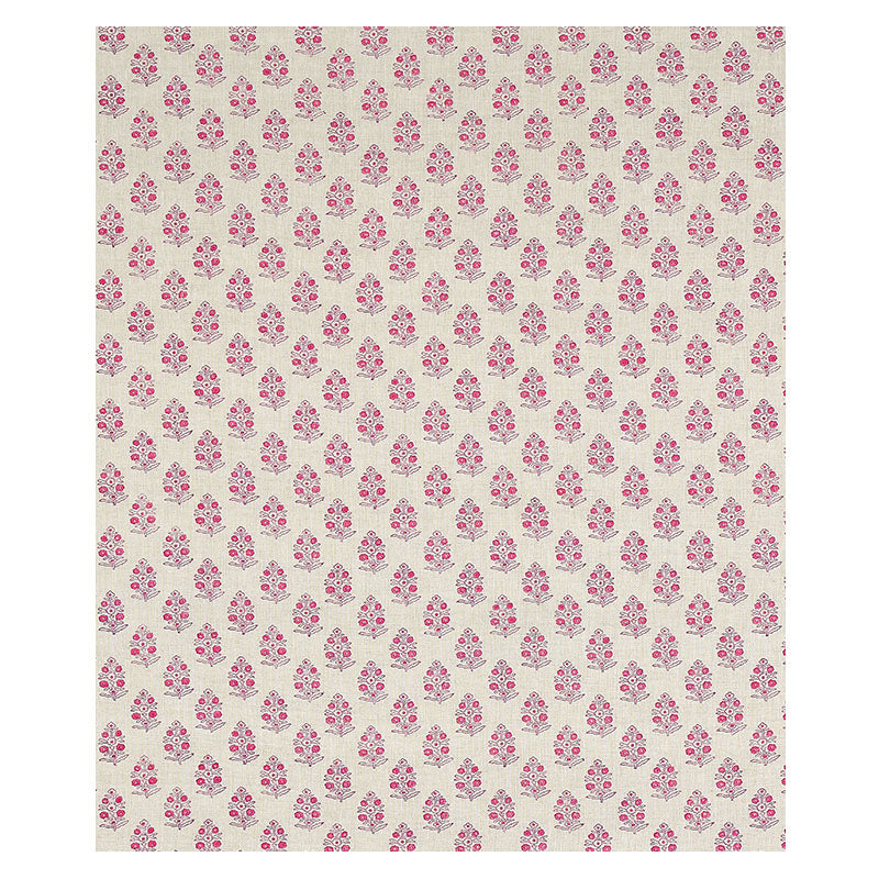 Beige fabric with a repeating pink floral damask pattern of small bouquet motifs.