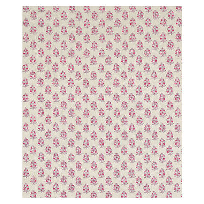 Beige fabric with a repeating pink floral damask pattern of small bouquet motifs.