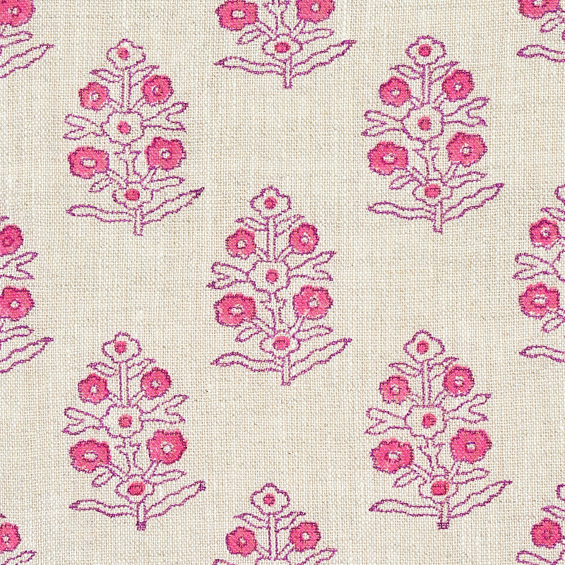Beige linen fabric with repeating pink floral motifs on slender stems.