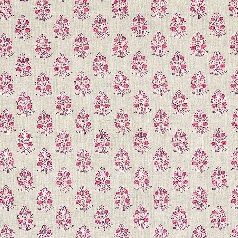 Beige fabric featuring pink floral sprig pattern; small stylized blossoms in repeating motif for quilting or home decor.