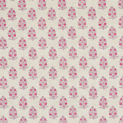 Beige fabric featuring pink floral sprig pattern; small stylized blossoms in repeating motif for quilting or home decor.