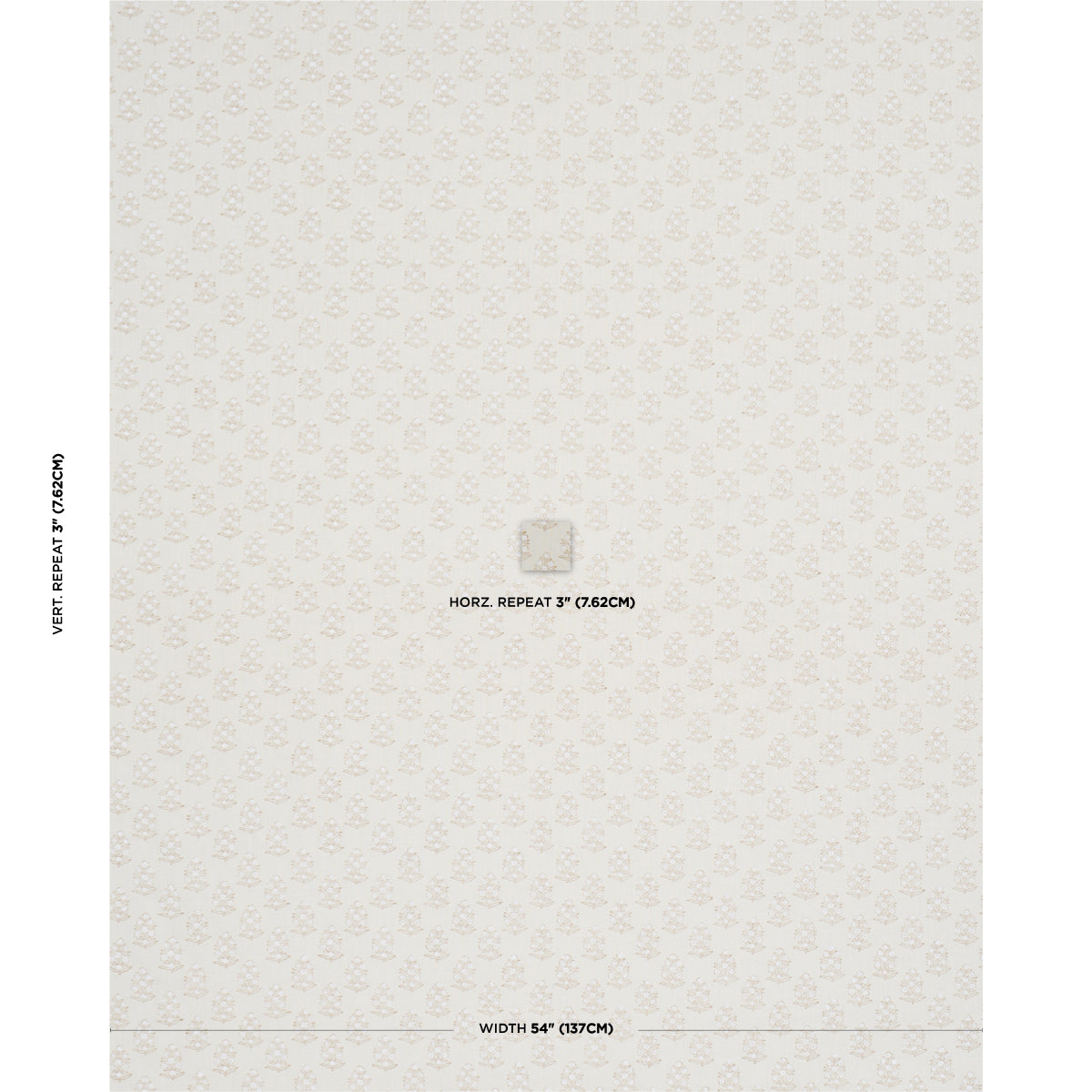 Cream wallpaper with tiny repeating floral motif; horizontal repeat 3 inches, width 54 inches.