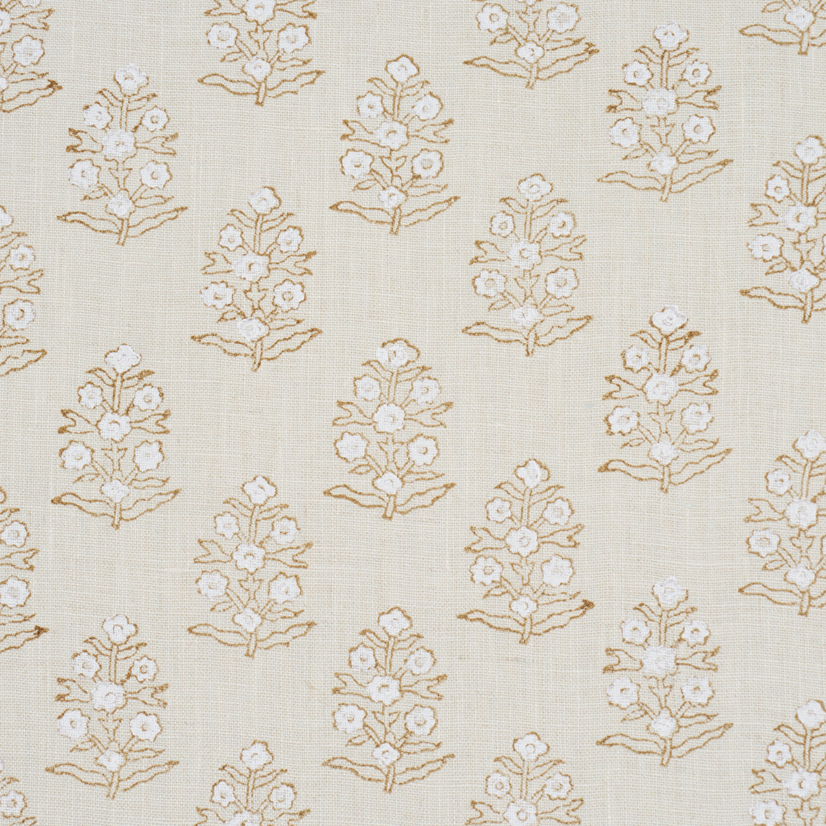 Cream linen-like fabric featuring repeating tan-gold floral bouquets on a pale background.