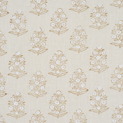 Cream linen-like fabric featuring repeating tan-gold floral bouquets on a pale background.