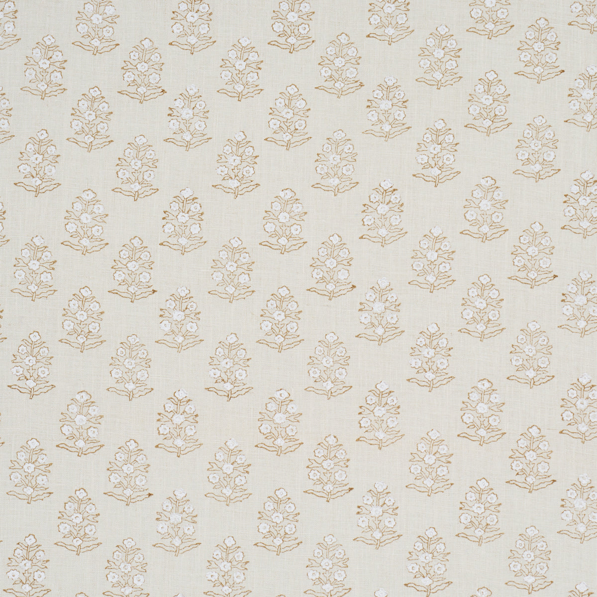 Cream fabric with repeating pale gold floral bouquets in a damask-style pattern, ideal for upholstery.