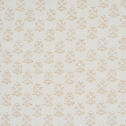 Cream fabric with repeating pale gold floral bouquets in a damask-style pattern, ideal for upholstery.