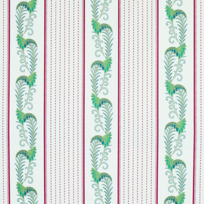 Vertical striped print with teal-green vine motifs and pink dotted stripes on a light background.