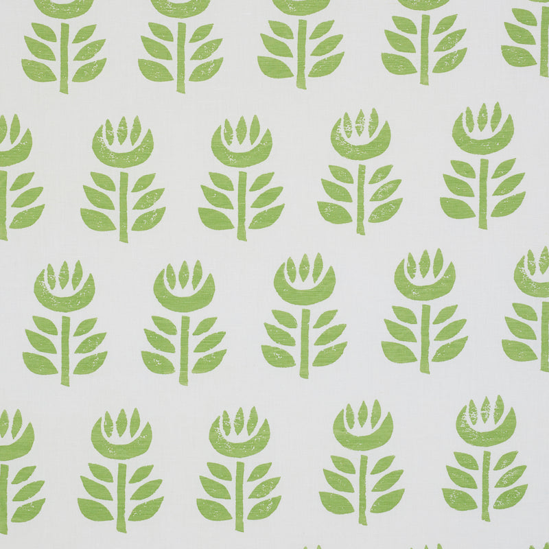 Repeating lime-green botanical motif with a central stem and paired leaves on a white backdrop; suitable for fabric or wallpaper.