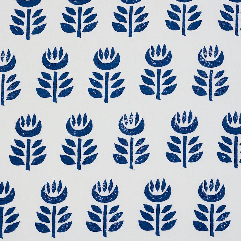 Blue stylized floral pattern with tulip-like blooms and paired leaves, repeating on white background.