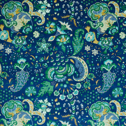 Blue paisley floral fabric with teal, green, aqua and gold motifs; ornate decorative print for garments or upholstery.