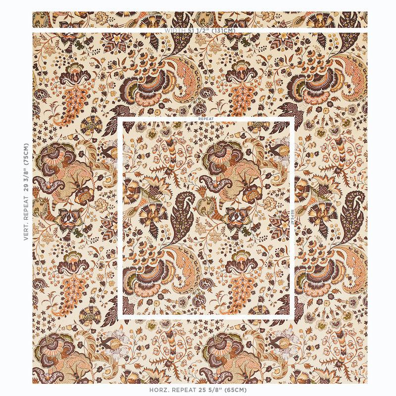 Cream-beige paisley floral velvet fabric in rust, brown and ochre with a double white square frame motif.