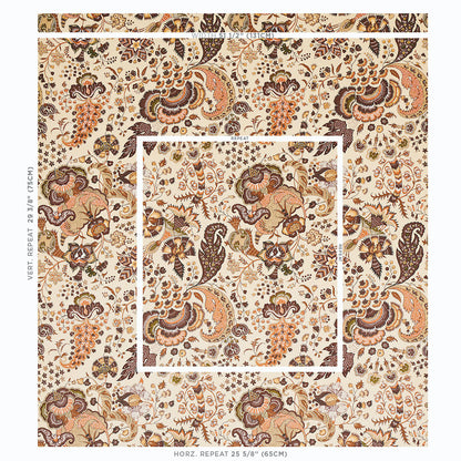 Cream-beige paisley floral velvet fabric in rust, brown and ochre with a double white square frame motif.