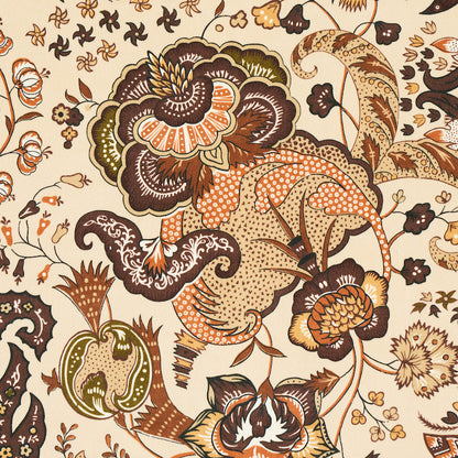 Vintage-inspired paisley floral velvet fabric in cream, brown, orange and olive tones with swirling blossoms and leaves.