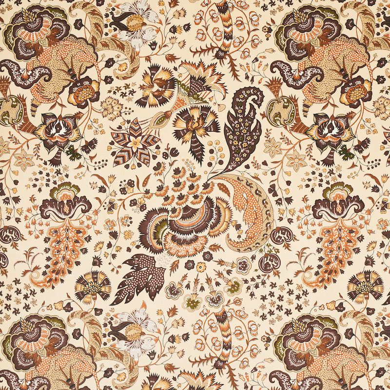 Cream background paisley floral fabric pattern in warm browns, oranges, greens; vintage-inspired ornamental textile.