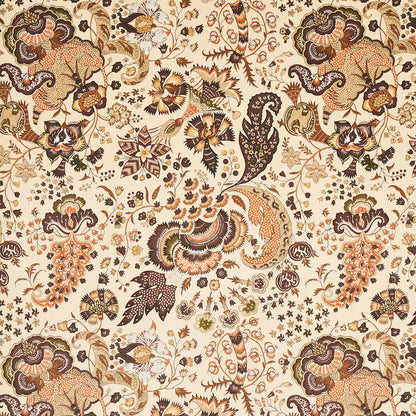 Cream background paisley floral fabric pattern in warm browns, oranges, greens; vintage-inspired ornamental textile.
