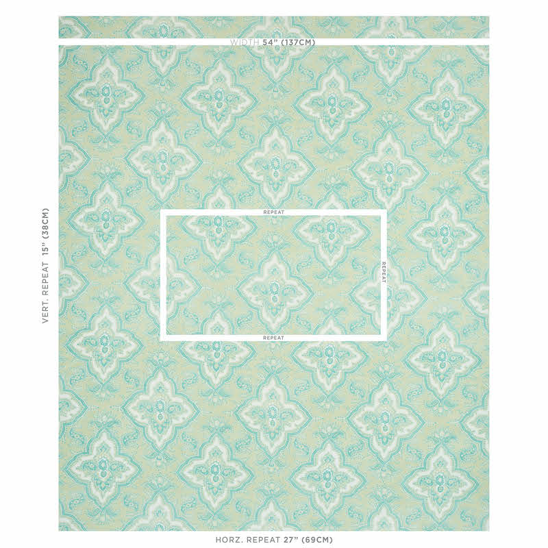 Mint teal damask-pattern wallpaper with cream motifs; ornate vintage design and repeating motif for walls.