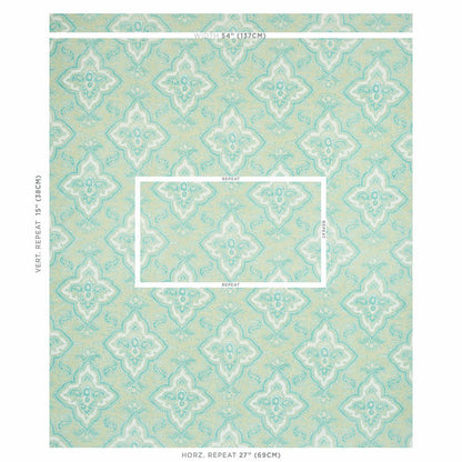 Mint teal damask-pattern wallpaper with cream motifs; ornate vintage design and repeating motif for walls.