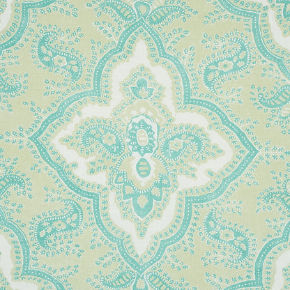 Turquoise aqua arabesque medallion pattern with central diamond motif on cream background.