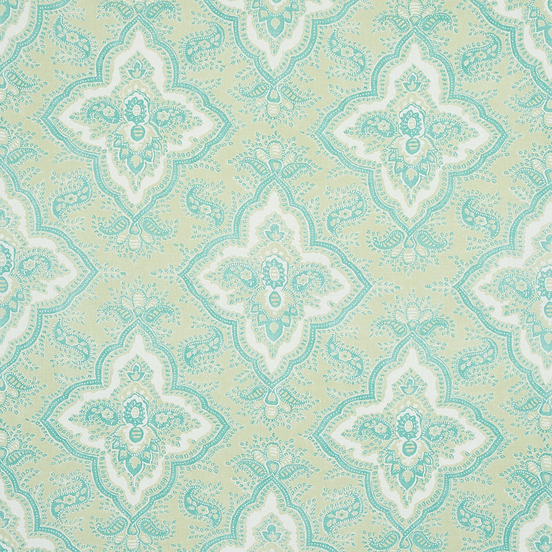 Seafoam teal damask & quatrefoil pattern on cream background; elegant wallpaper or upholstery fabric.
