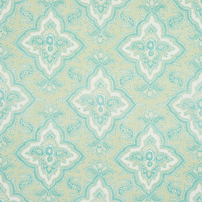 Seafoam teal damask & quatrefoil pattern on cream background; elegant wallpaper or upholstery fabric.