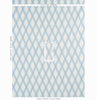 Light-blue diamond lattice wallpaper pattern on white; repeating geometric design for walls.