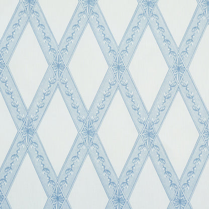 Light blue diamond lattice toile print with delicate floral garlands along each band on a pale background.