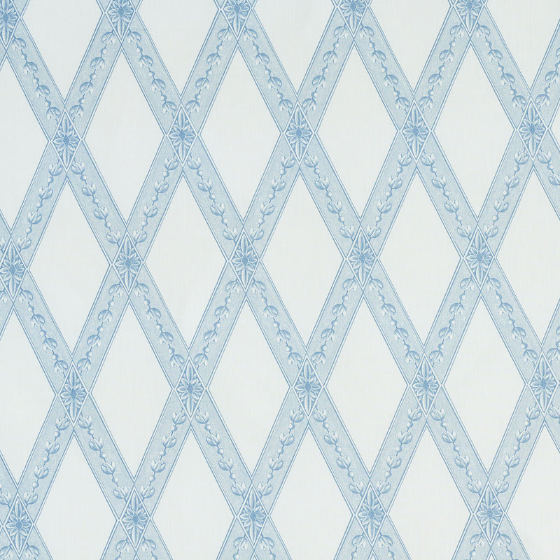 Blue diamond lattice wallpaper with delicate floral scroll accents on white background.