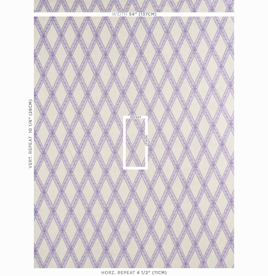 Purple iris toile print on cream background; swatch sheet showing a toile pattern for walls