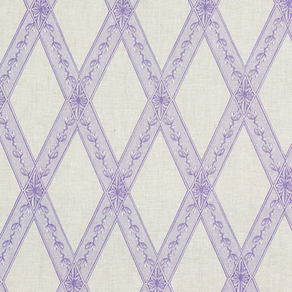 Cream toile print fabric with lilac purple diamond lattice and delicate floral vine motifs.