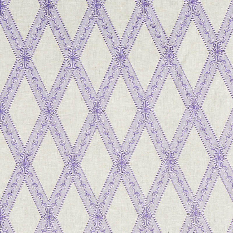 Cream background with lavender diamond lattice pattern and floral accents, linen-like textile look.