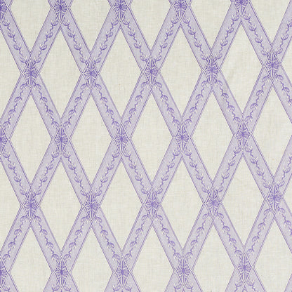 Cream background with lavender diamond lattice pattern and floral accents, linen-like textile look.