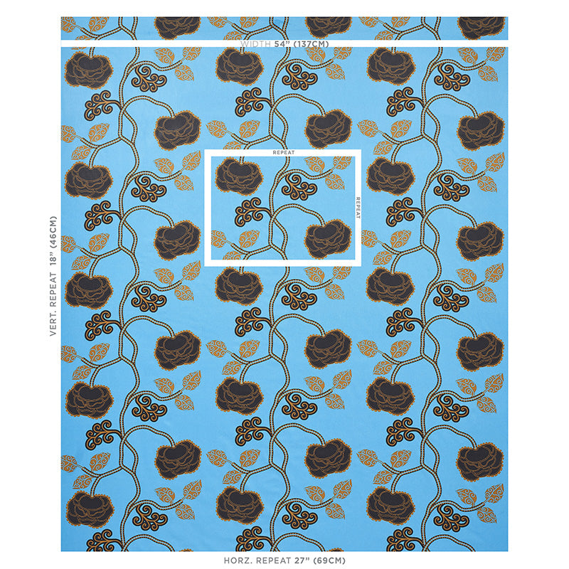Blue wallpaper with black roses on curling vines and gold leaves; a repeating floral pattern.