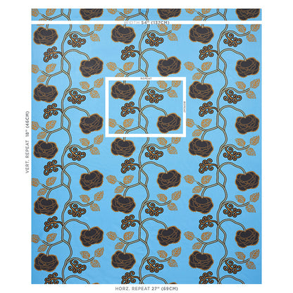 Blue wallpaper with black roses on curling vines and gold leaves; a repeating floral pattern.
