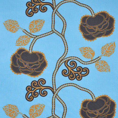 Blue fabric print with twisting brown vines, dark brown rosettes outlined in gold and gold-accented leaves.