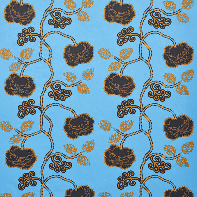 Bright teal background with dark brown roses on twisting dotted vines & gold leaves in a repeating vintage floral pattern