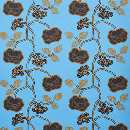 Bright teal background with dark brown roses on twisting dotted vines & gold leaves in a repeating vintage floral pattern