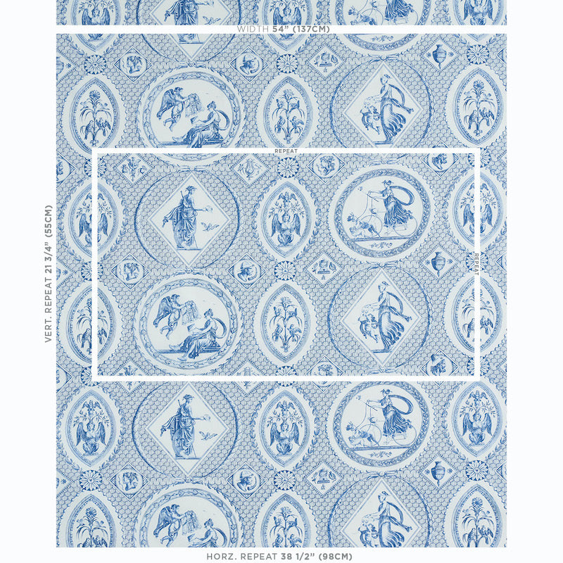 Blue and white damask wallpaper with repeating circular medallions featuring classical figures and lattice detailing.