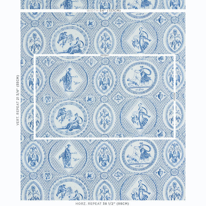 Blue and white damask wallpaper with repeating circular medallions featuring classical figures and lattice detailing.