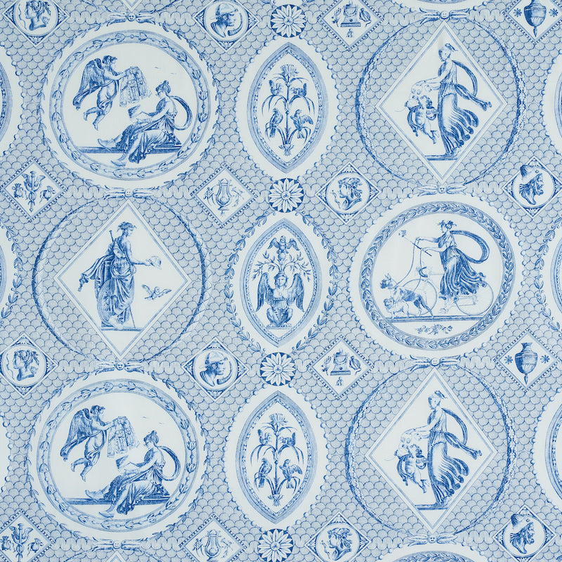 Blue and white patterned wallpaper featuring circular medallions with classical figures and floral motifs.