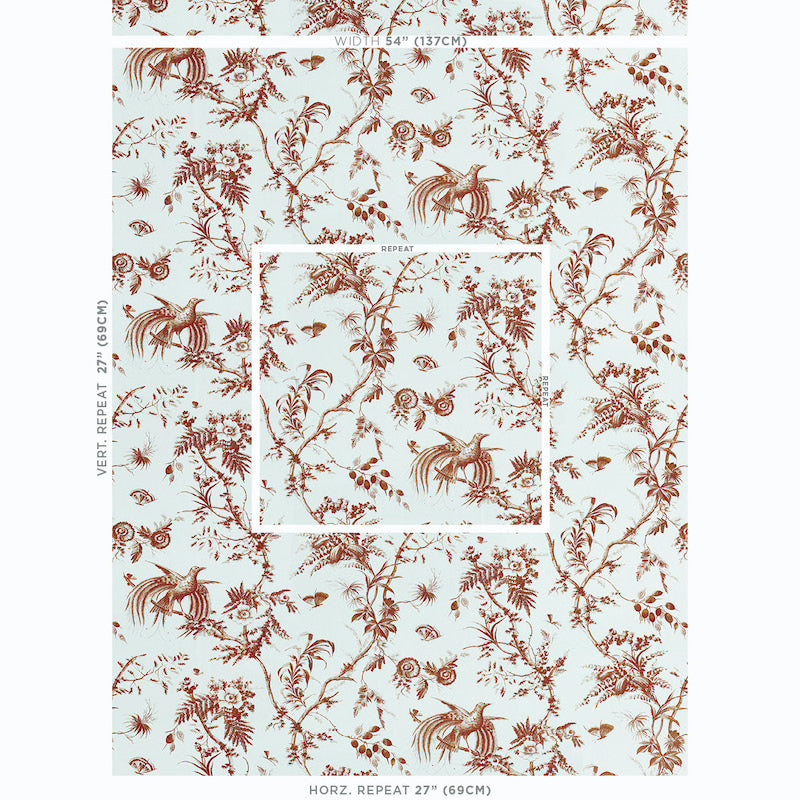 Pale blue wallpaper featuring red-brown botanical vines and birds in a vintage print with a large tile repeat.