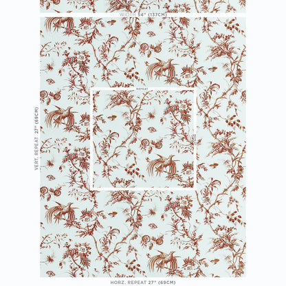 Pale blue wallpaper featuring red-brown botanical vines and birds in a vintage print with a large tile repeat.